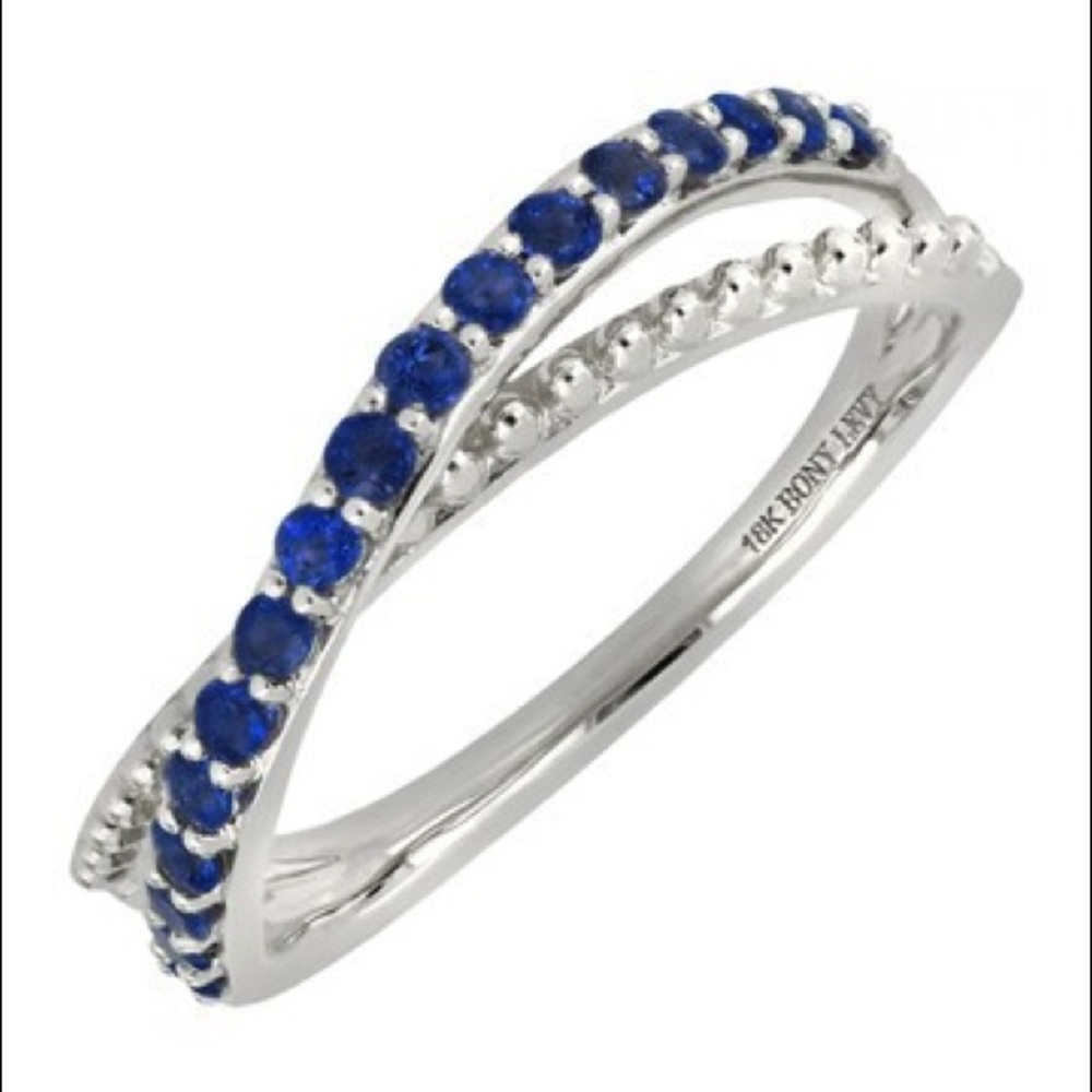 18K White Gold Pave Sapphire Crossover Band Ring